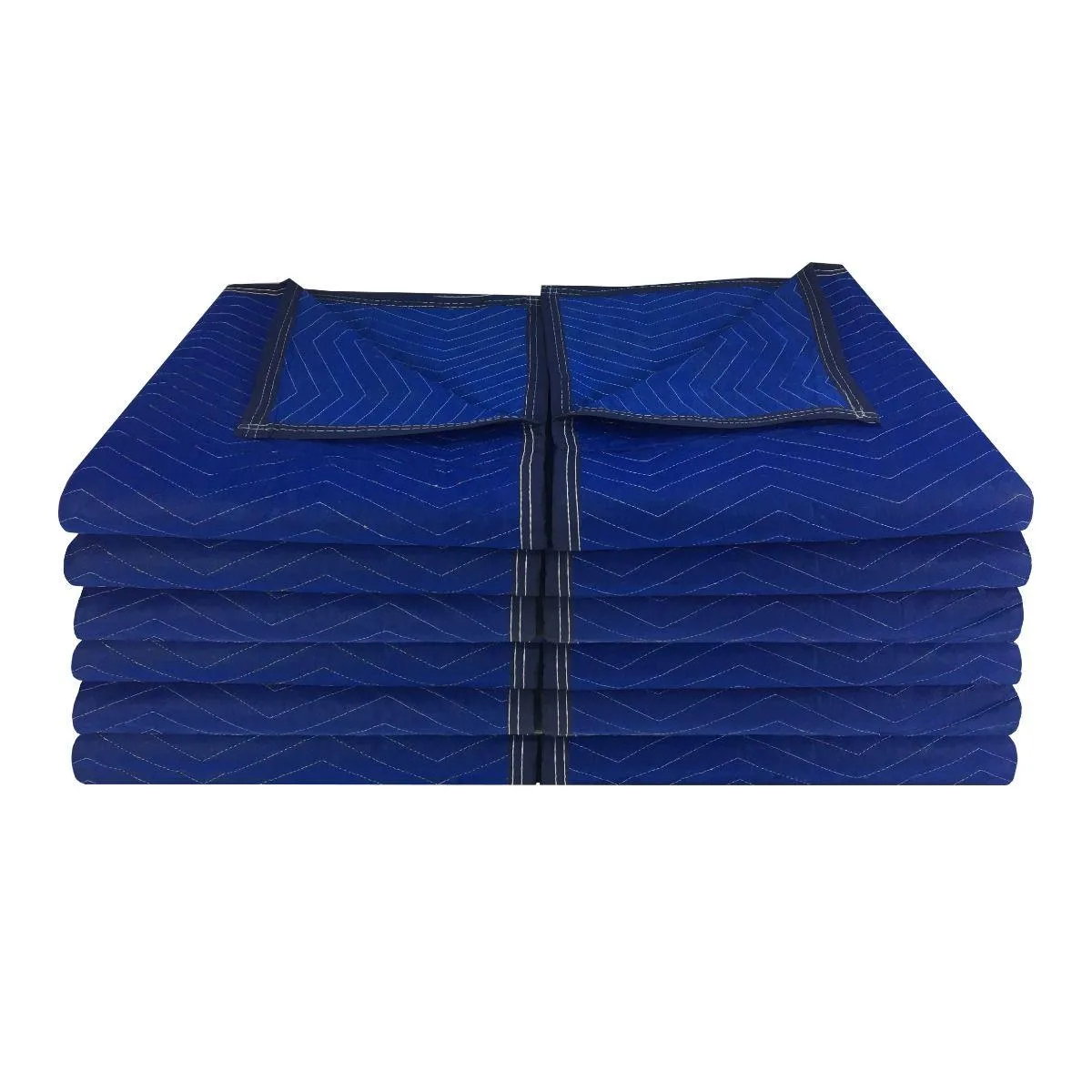 Twelve quilted moving blankets folded in a stack, polyester blend with cotton batting, zig-zag seams and double stitch binding