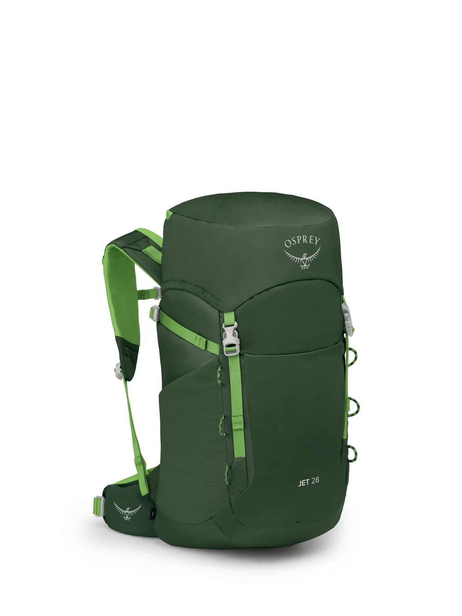 Green Canopy kids hiking backpack with ventilated backpanel, adjustable straps and hydration sleeve