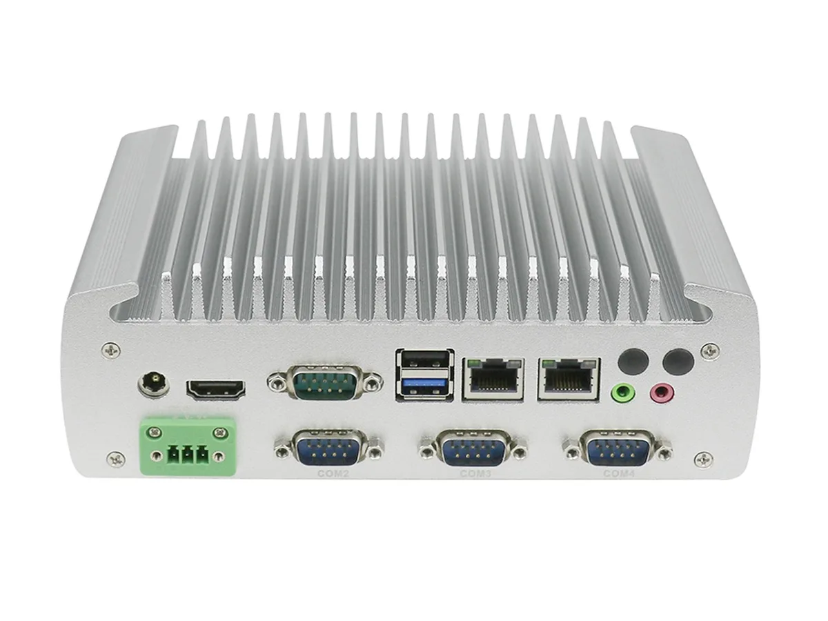 Silver aluminium fanless mini PC, compact rectangular shape
