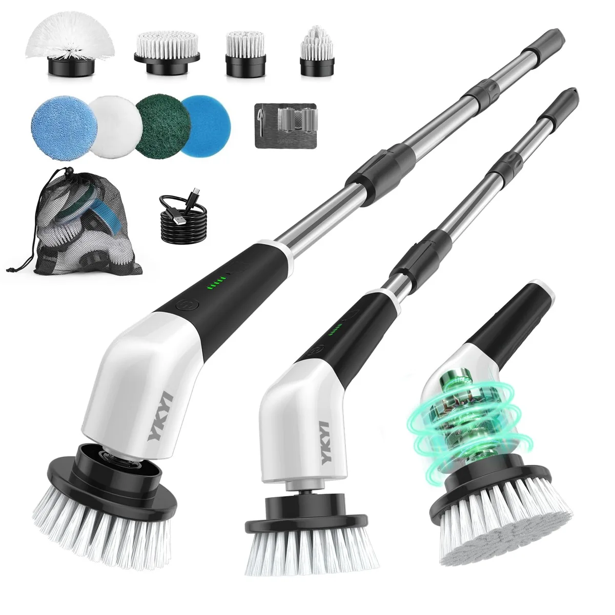 White L-shaped electric spin scrubber with extendable stainless steel handle and multiple brush heads