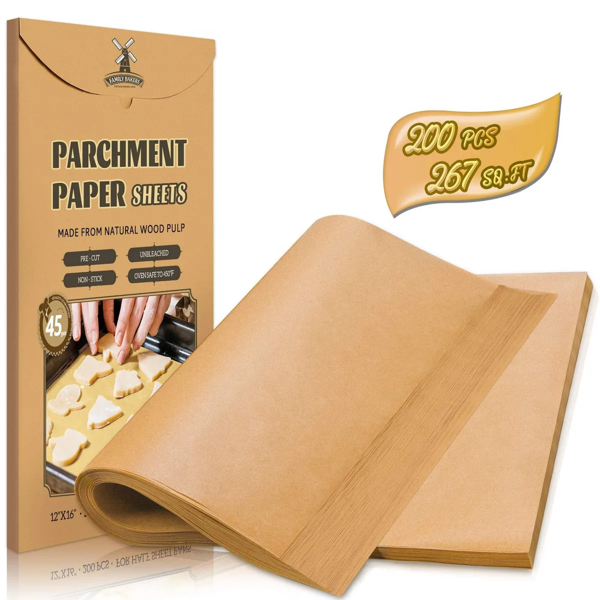 A rectangular box containing 200 unbleached parchment sheets 12 by 16 inches
