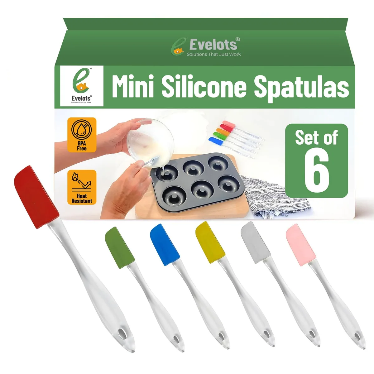 Six small rectangular silicone spatulas in assorted colours, each about seven inches long