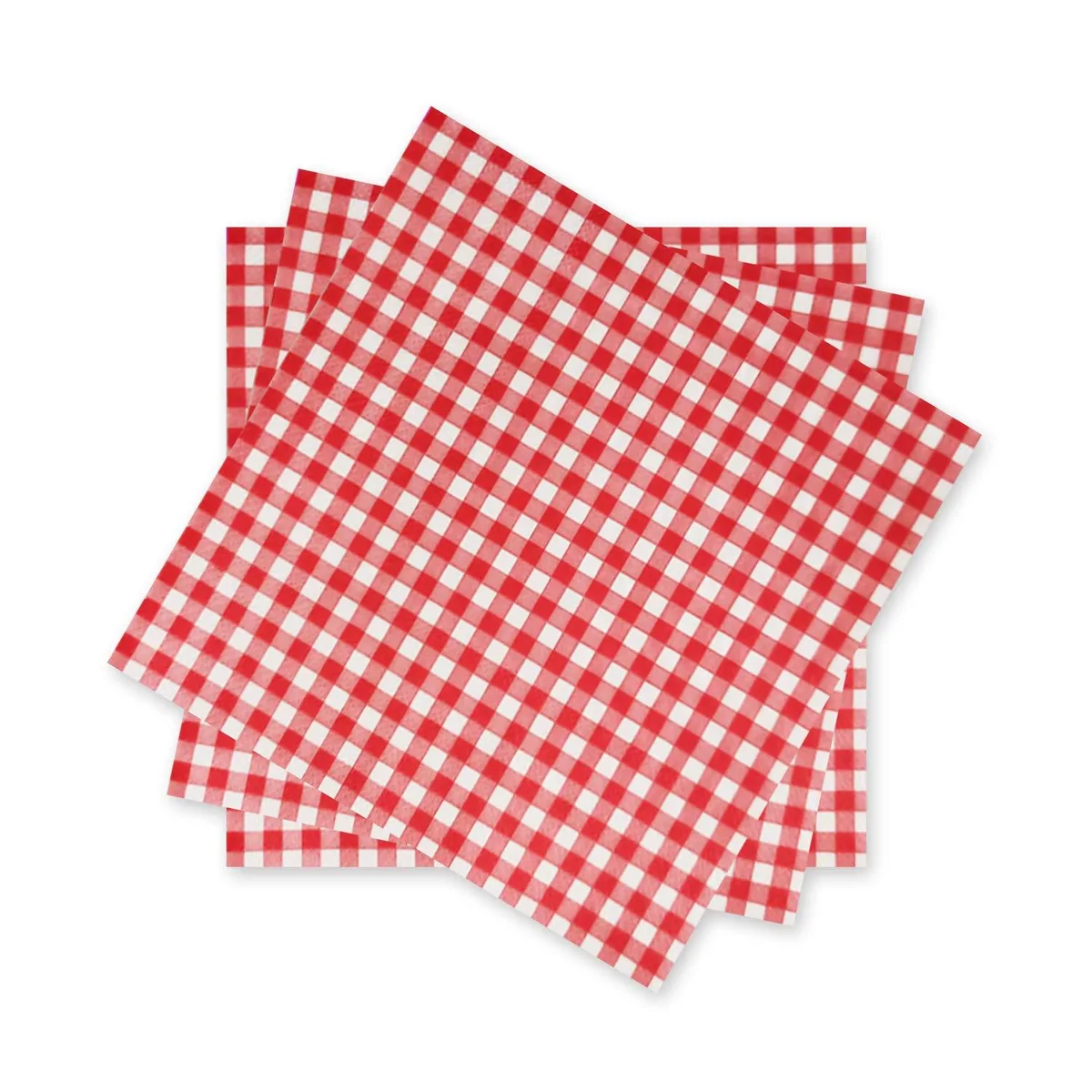 Pack of 50 red and white gingham paper napkins, 3-ply, folded 6.5 by 6.5 inches