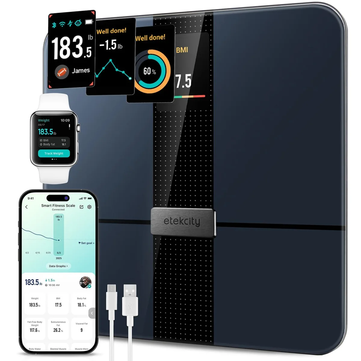  Etekcity EFS-A591S-KUS Smart Bath Scale Black 400lb 14 Metrics Wi-Fi TFT 11.8in 1.1in 1.919kg — product photo