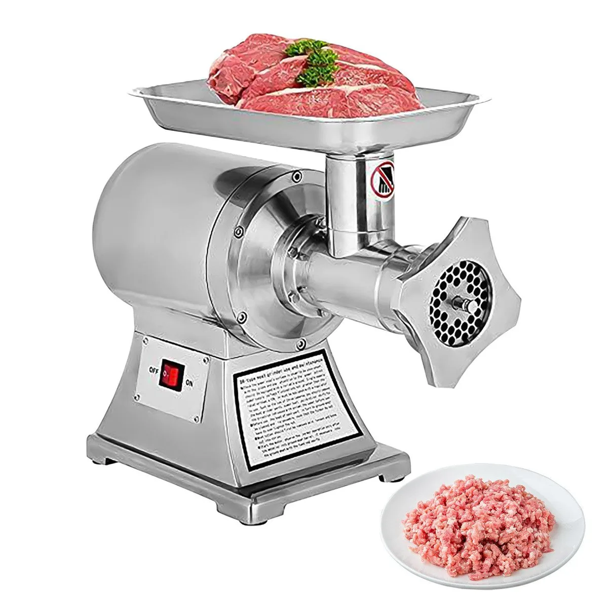 Stainless steel commercial meat grinder on countertop