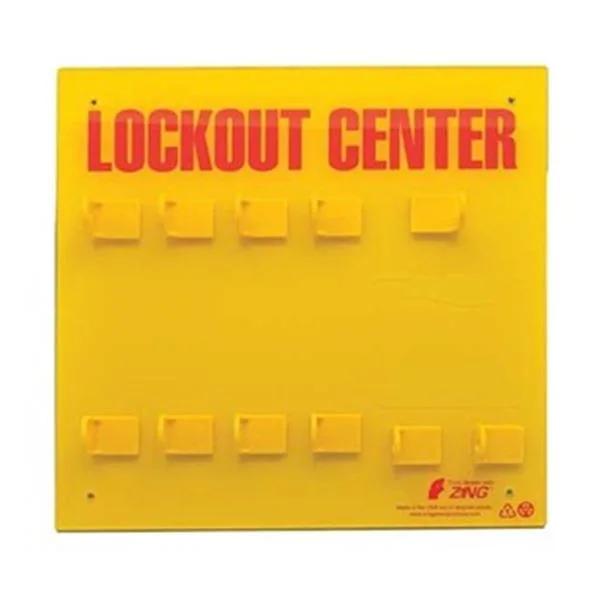Yellow plastic wall-mounted lockout board, 15 inches high with 11 hooks, open front, unfilled