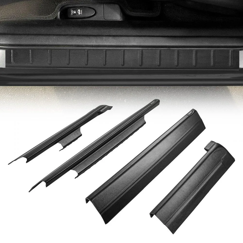 Four black plastic rocker panel guards with adhesive tape and alcohol pads