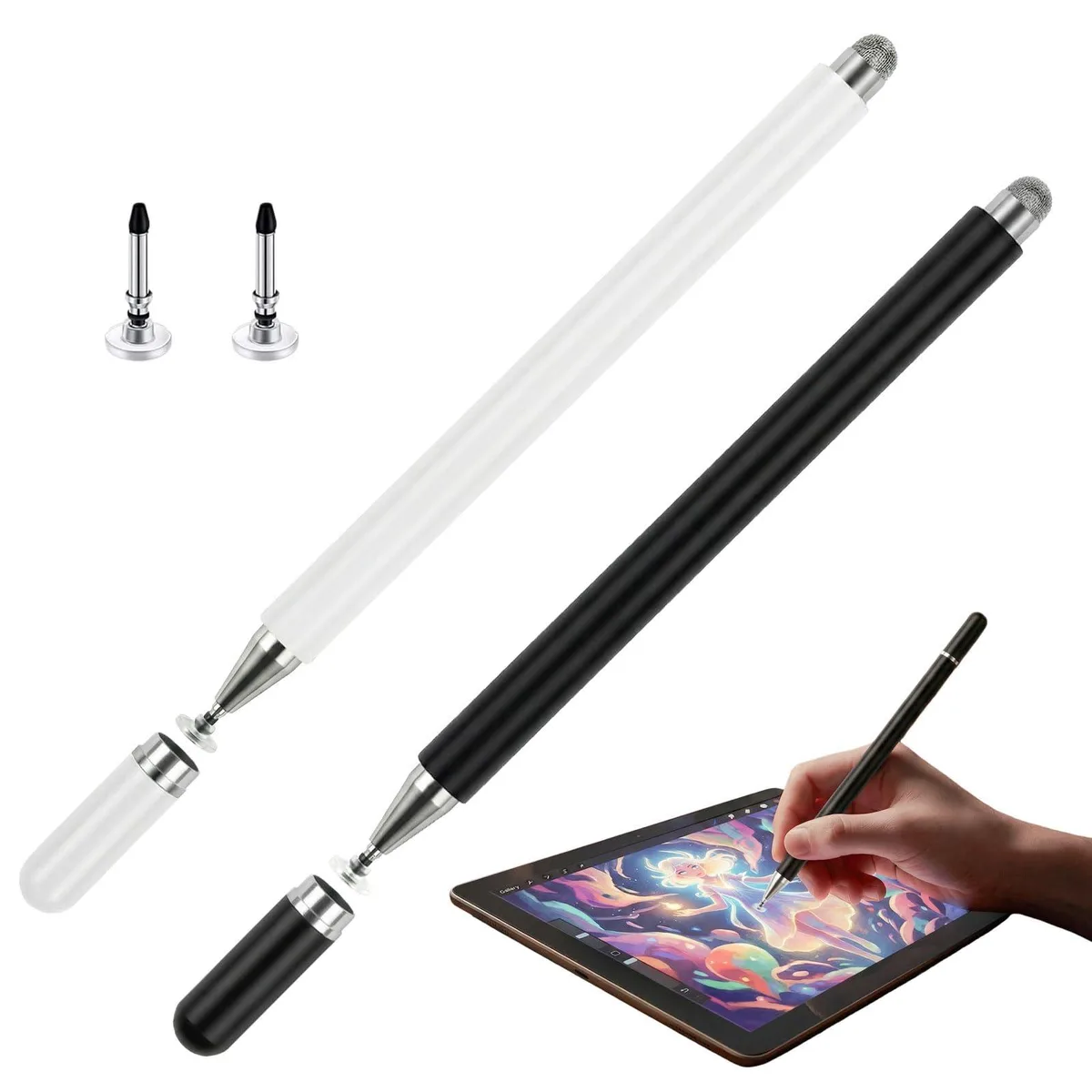 MXCOIRTP 2-in-1 Magnetic Disc & Fiber Tip Stylus (2 Pcs) Black & White — product photo