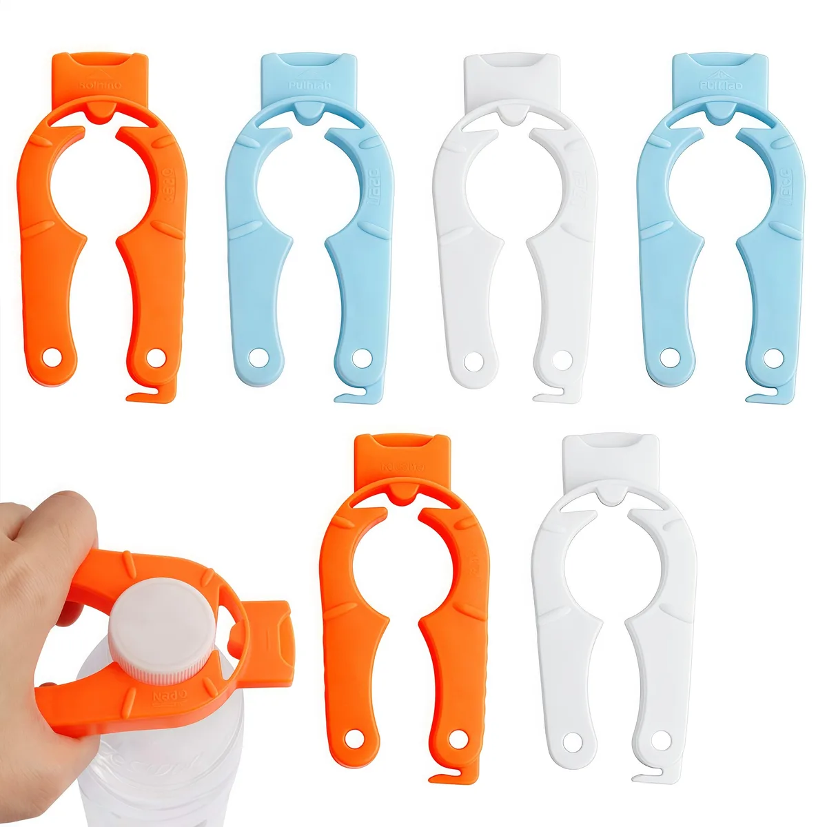Six plastic bottle openers in orange, blue and white, textured grip surface