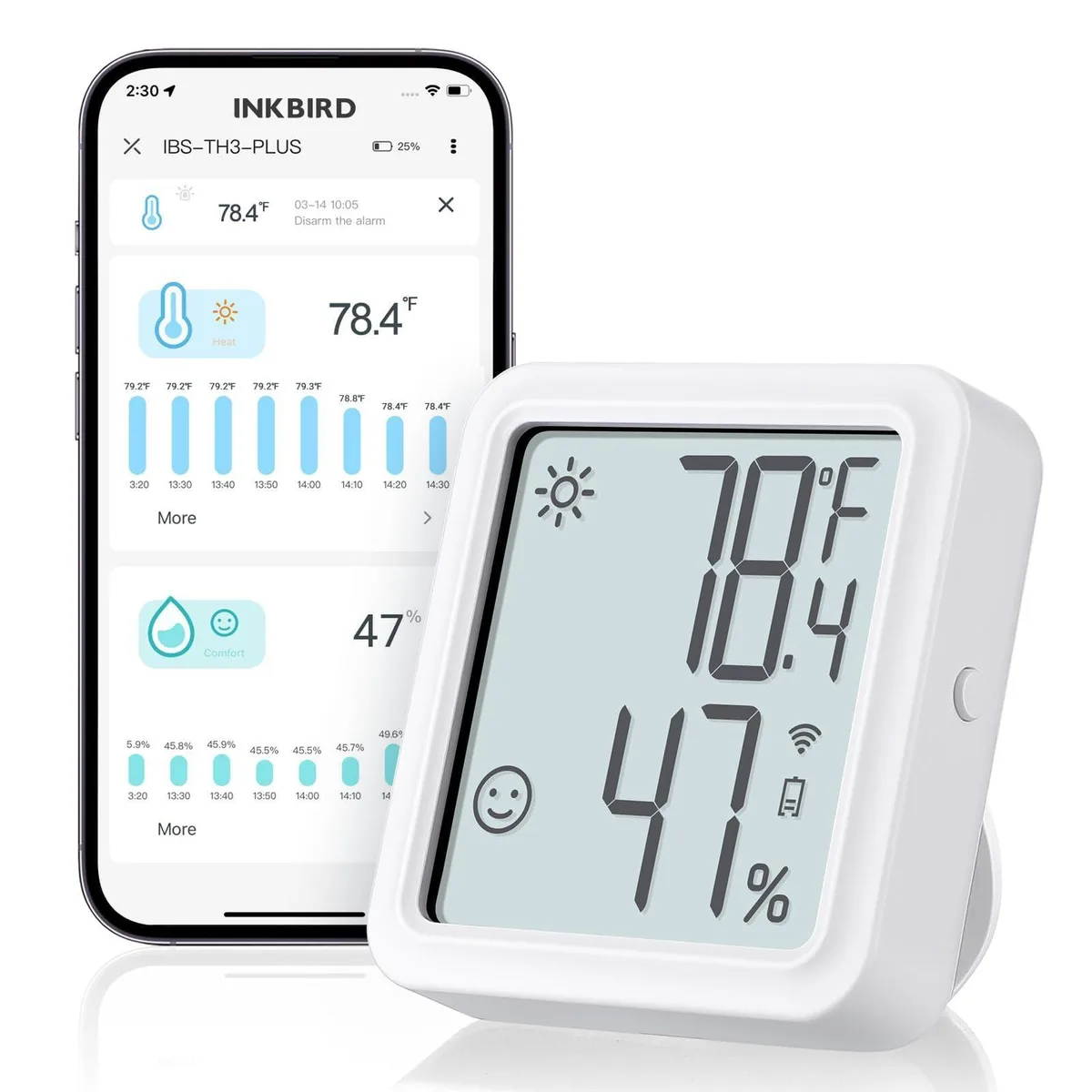 White rectangular sensor with large LCD screen showing temperature humidity and comfort icons bracket