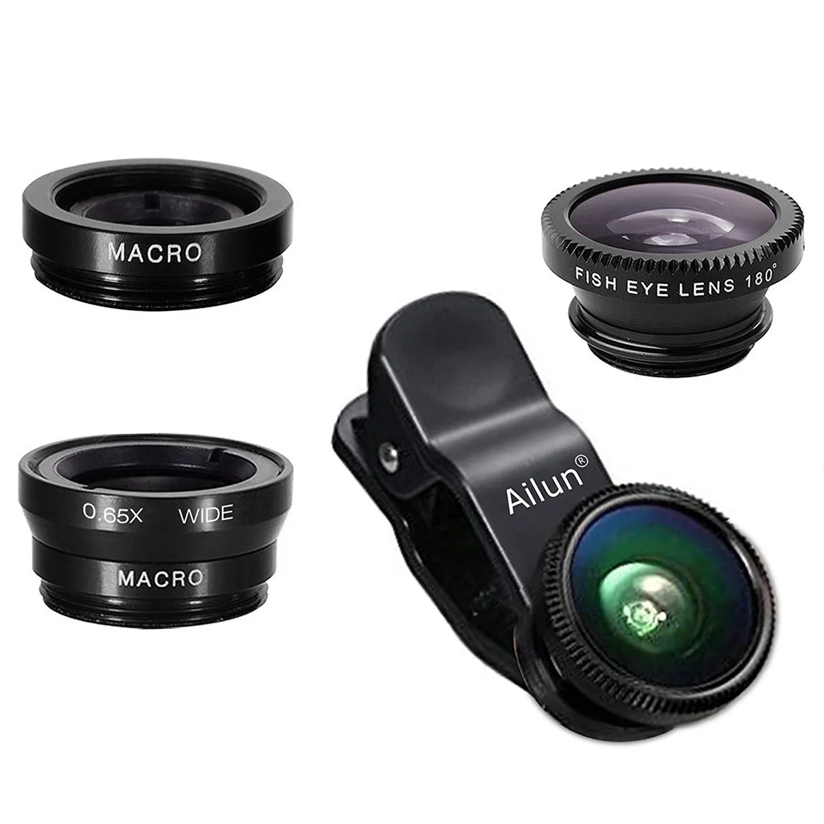 Ailun 3-in-1 Clip-On Lens Kit 180° Fisheye 0.65× Wide 10× Macro — product photo