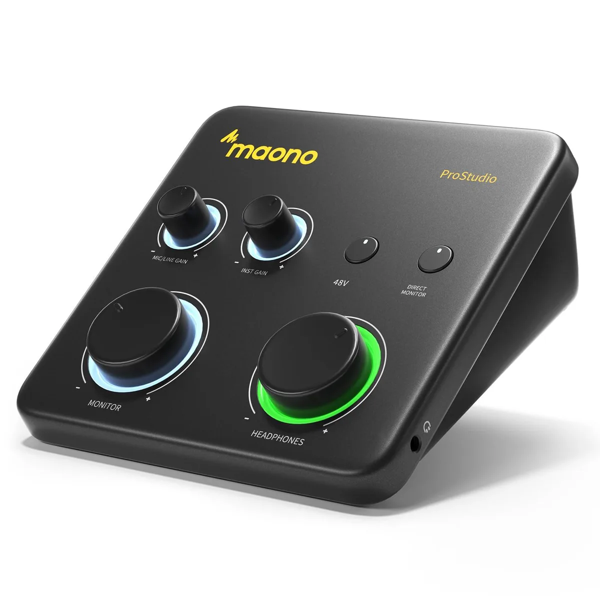 Compact black USB audio interface with XLR and instrument inputs, front-panel controls and indicator lights