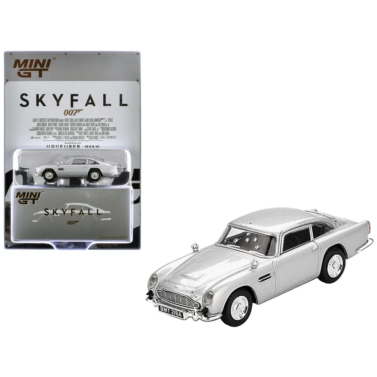 True True Aston Martin DB5 RHD Birch Silver Metallic Damaged 007 Skyfall 2012 1/64 Diecast Model Car — product photo