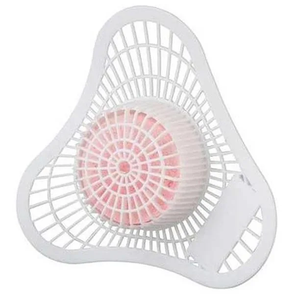 Pink triangular vinyl urinal screen with cherry fragrance block, pack of 12
