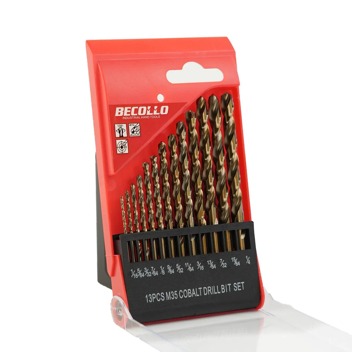 Thirteen cobalt twist bits in a plastic case, sizes from 1/16 to 1/4 inch