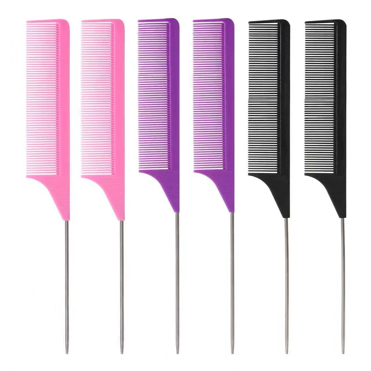 Six rat-tail combs in purple black pink with metal pick tails