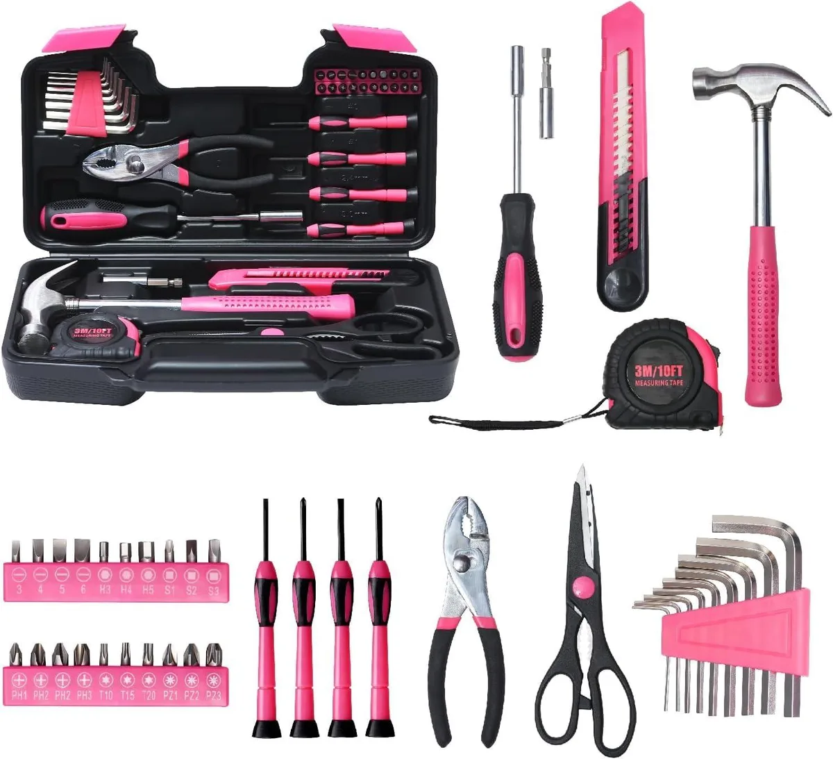 Pink plastic toolbox with 39 carbon steel tools inside