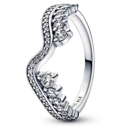 Sterling silver wave ring with pave band and prong-set stones descending along one side