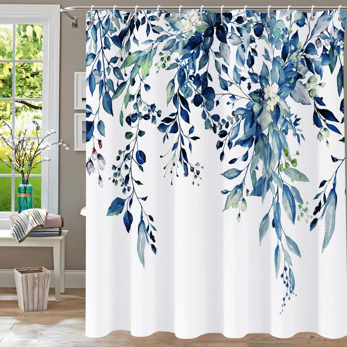  Blue Eucalyptus Shower Curtain 72x72 inch with 12 Hooks — product photo