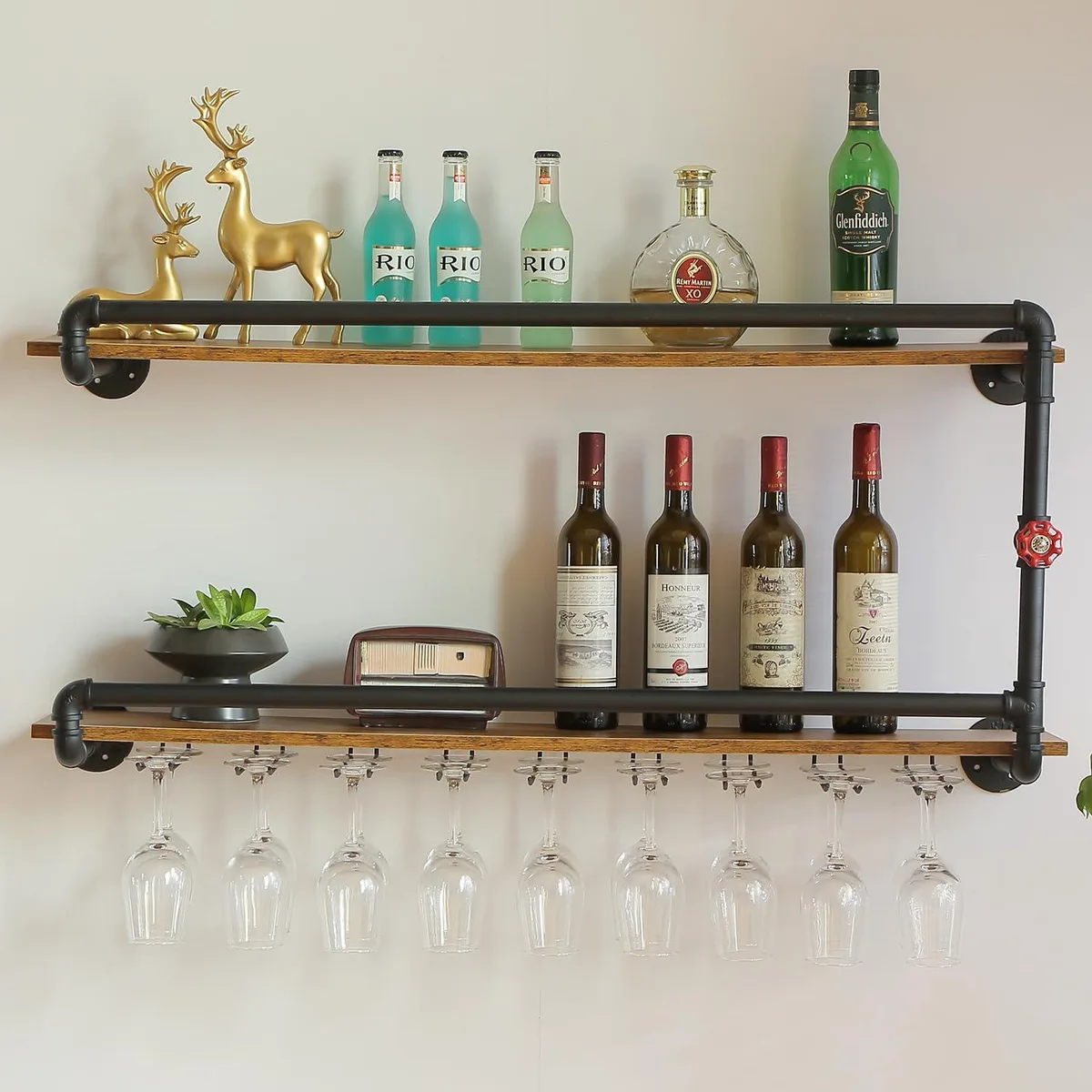 Black wall-mounted wine rack with two tiers, metal pipe frame, holds 40 bottles and 18 glasses