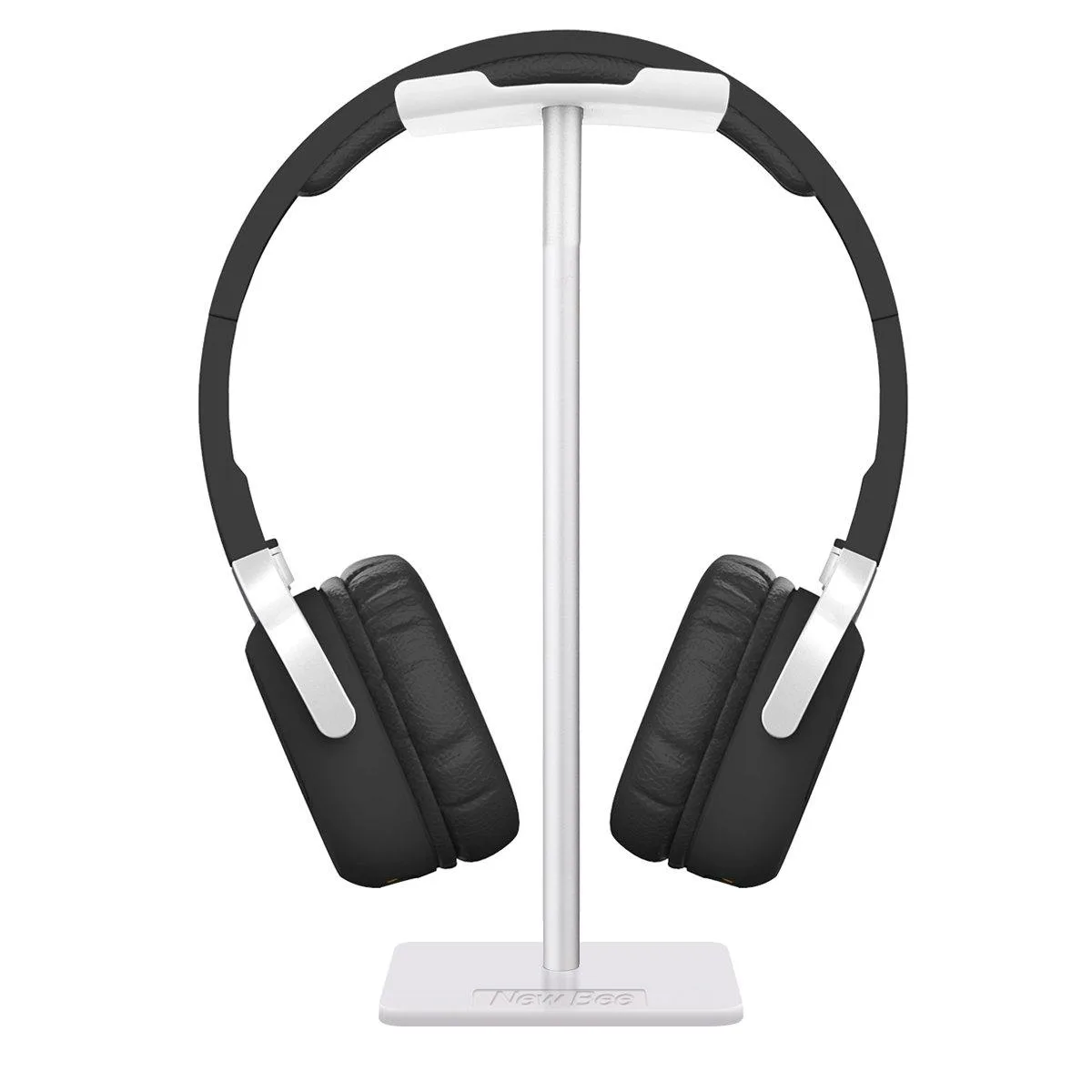 White tabletop headphone stand with aluminum bar and ABS base