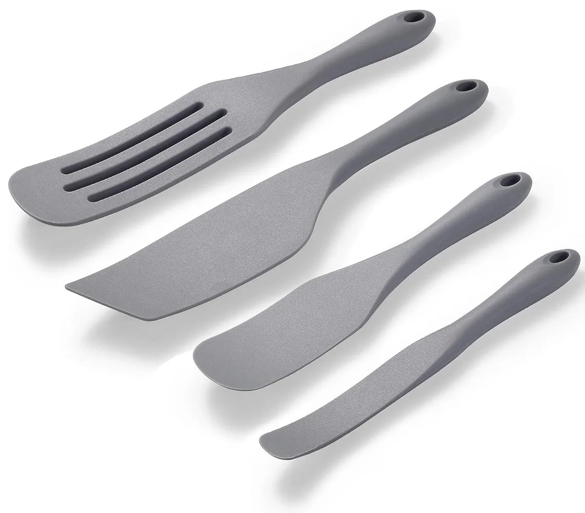 Set of four grey silicone spurtles, rectangular heads, 26.5 cm long