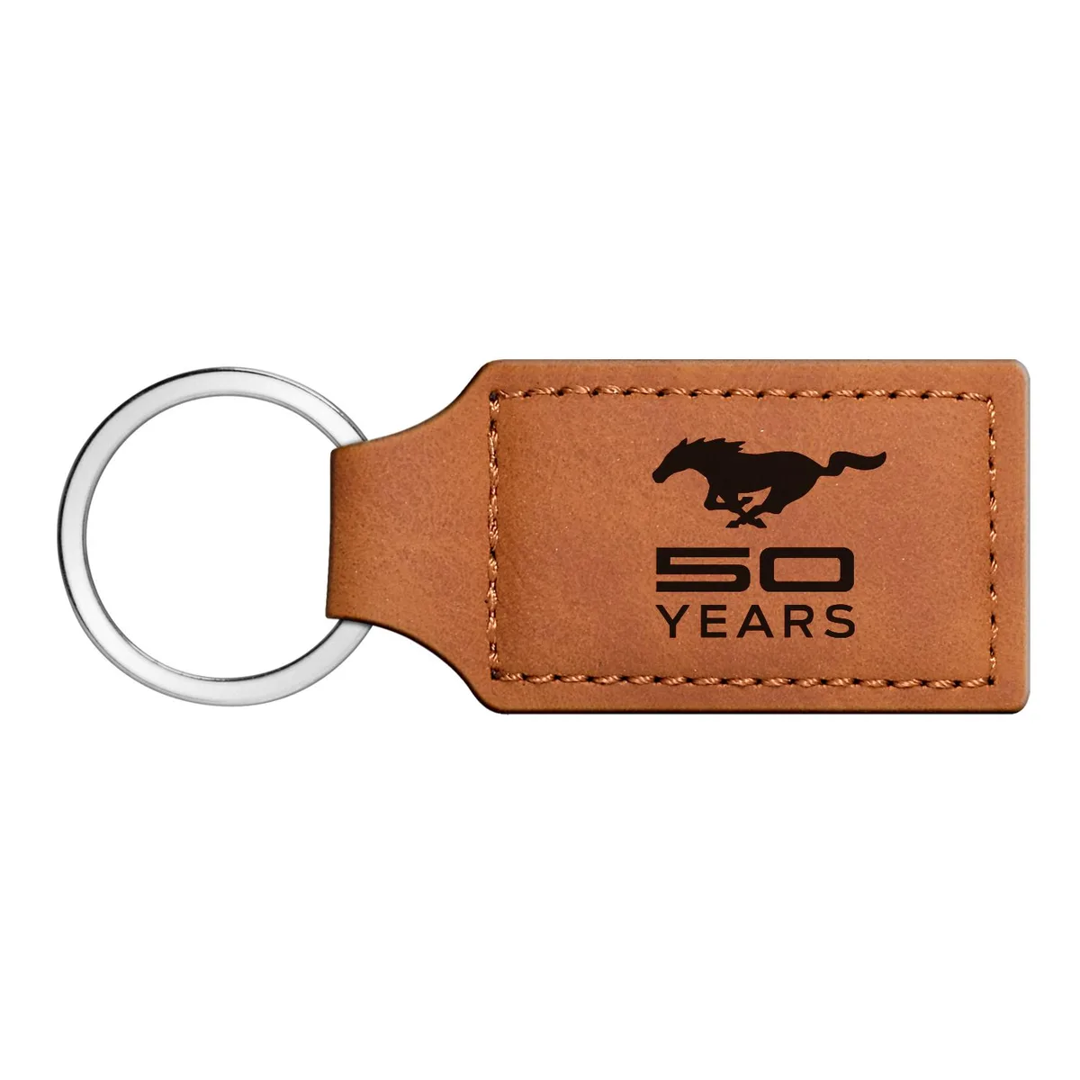 Rectangular brown leather key chain with laser-etched Ford Mustang 50 Years logo