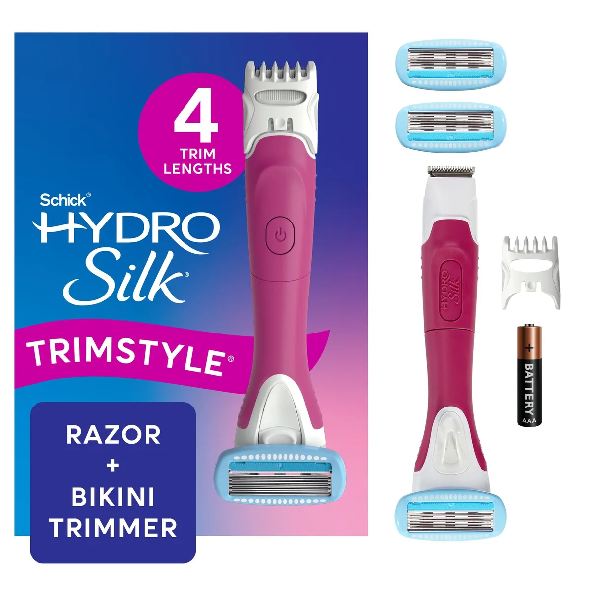 Pink 2-in-1 razor and bikini trimmer with waterproof handle, three refills and one AAA battery