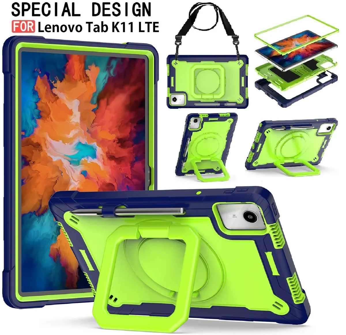 anicestore anicestore Lenovo Tab K11 LTE 11" Case Heavy Duty Navy Blue/Green 360 Ring Strap 2024 — product photo