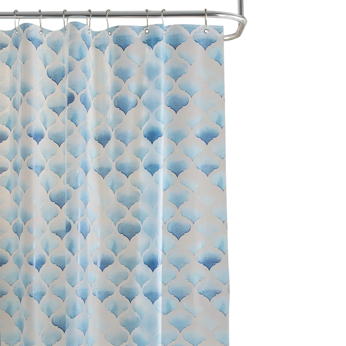 Blue PEVA shower curtain with scale pattern and 12 metal grommets