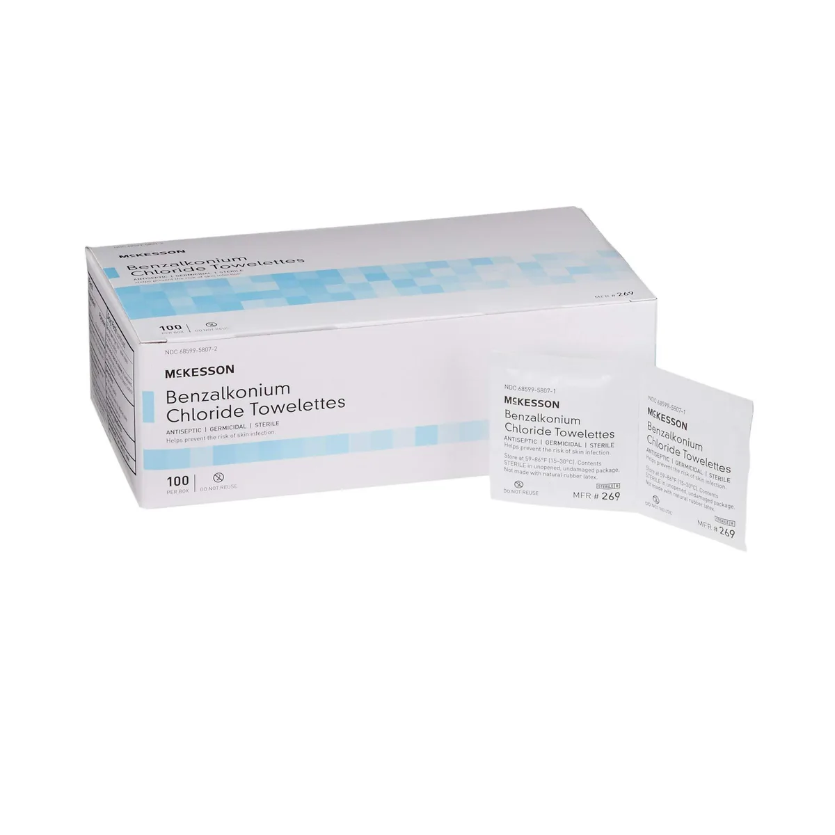 White rectangular box labelled McKesson 269 containing 100 sterile wrapped towelettes