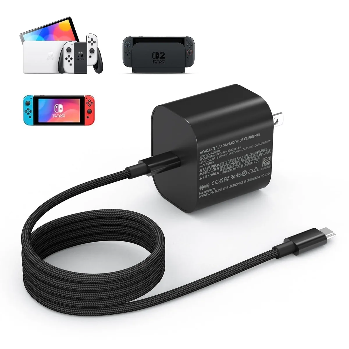 YURCIPWE DZ65200325 60W USB-C Charger for Nintendo Switch 2/1/OLED/Lite with 6.6FT Cable — product photo