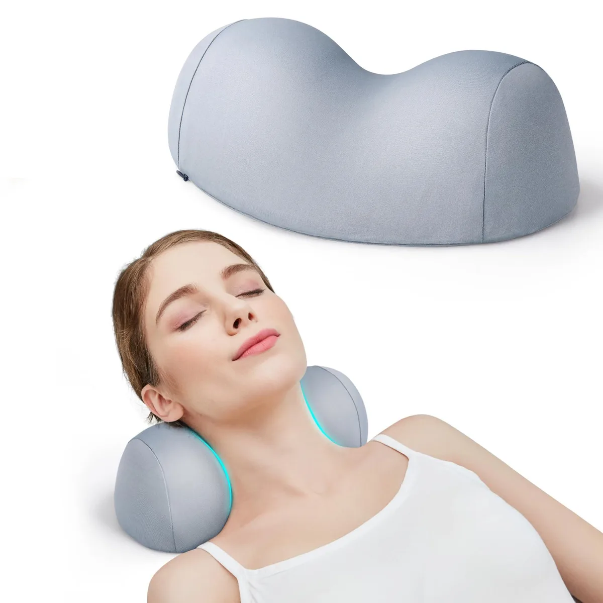 Black foam cervical traction pillow with contoured neck roll shape