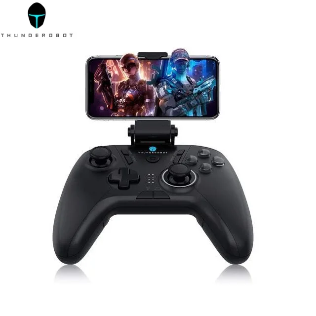 Black wireless gamepad with textured grips and programmable buttons