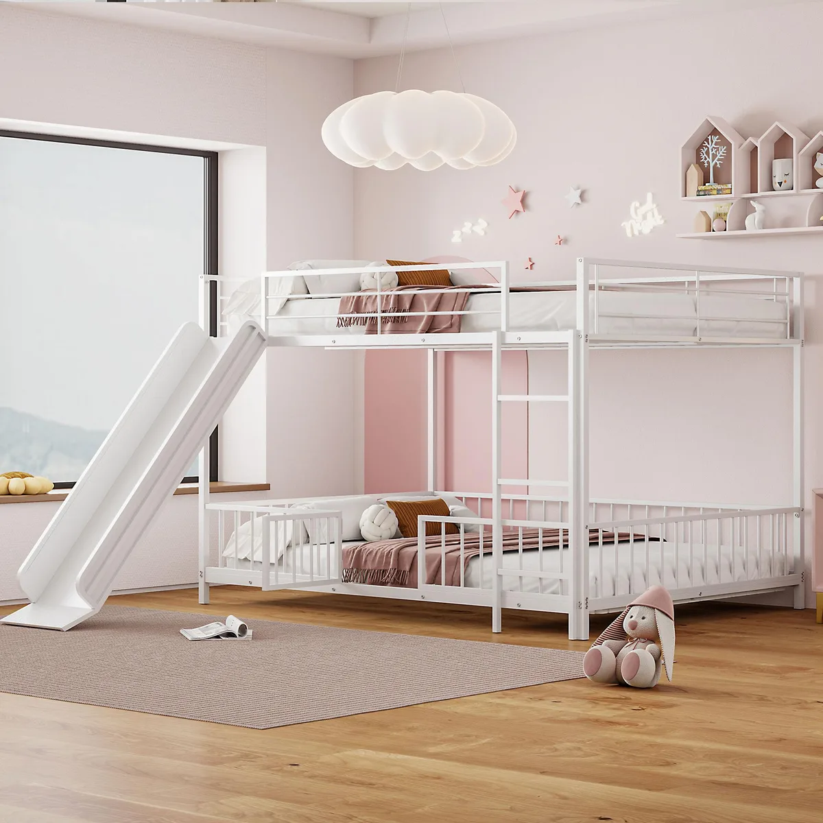 White metal bunk bed with slide, guardrails and gate