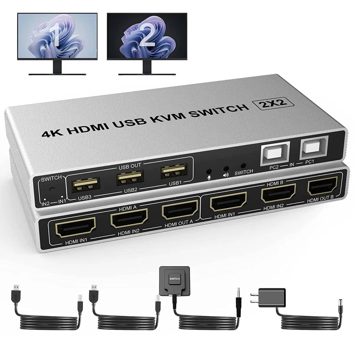 FOCUSTEC FOCUSTEC Dual Monitor HDMI KVM Switch 2 Port 4K@60Hz 3 USB 2.0 Audio Mic — product photo