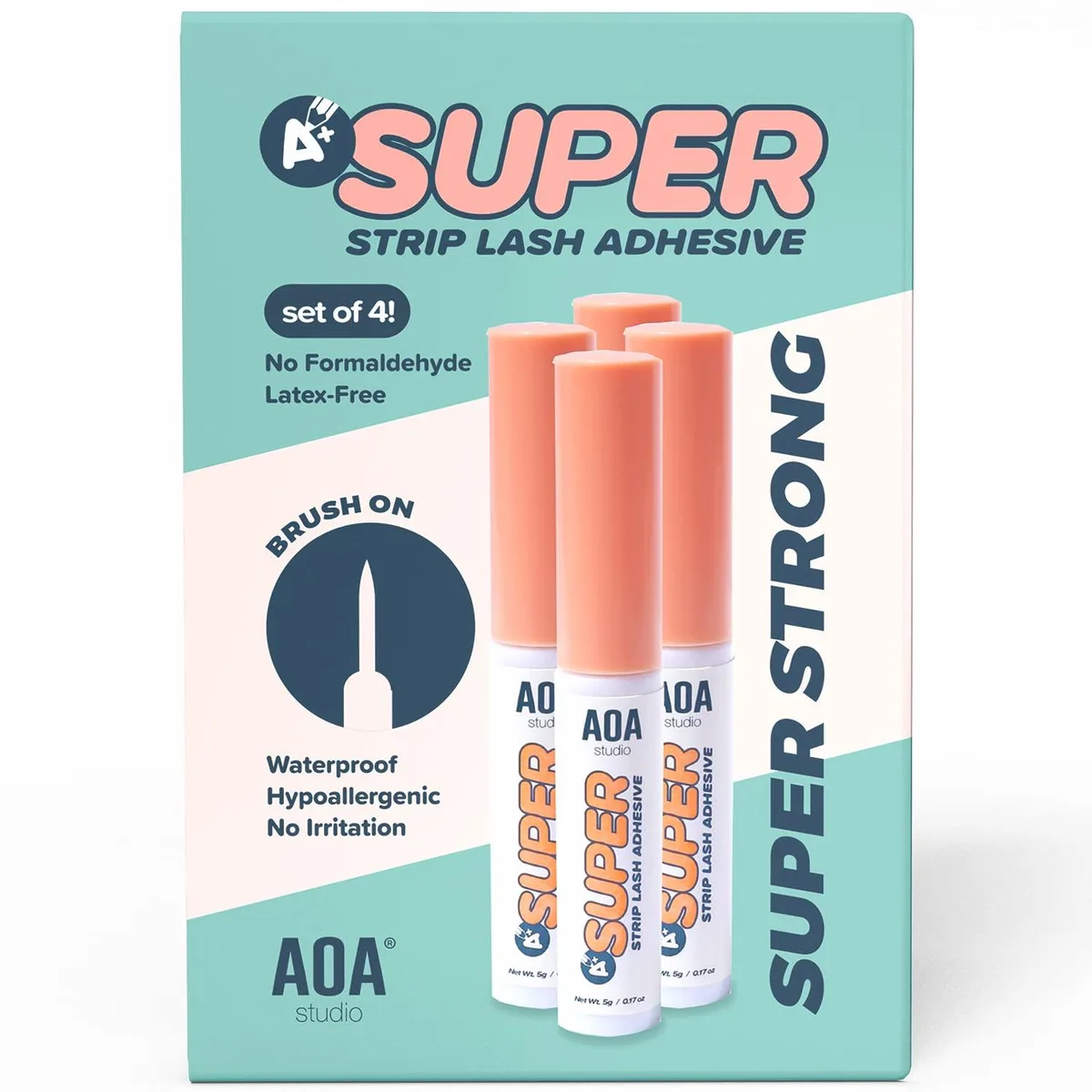 Four small clear tubes of liquid lash adhesive with brush tips