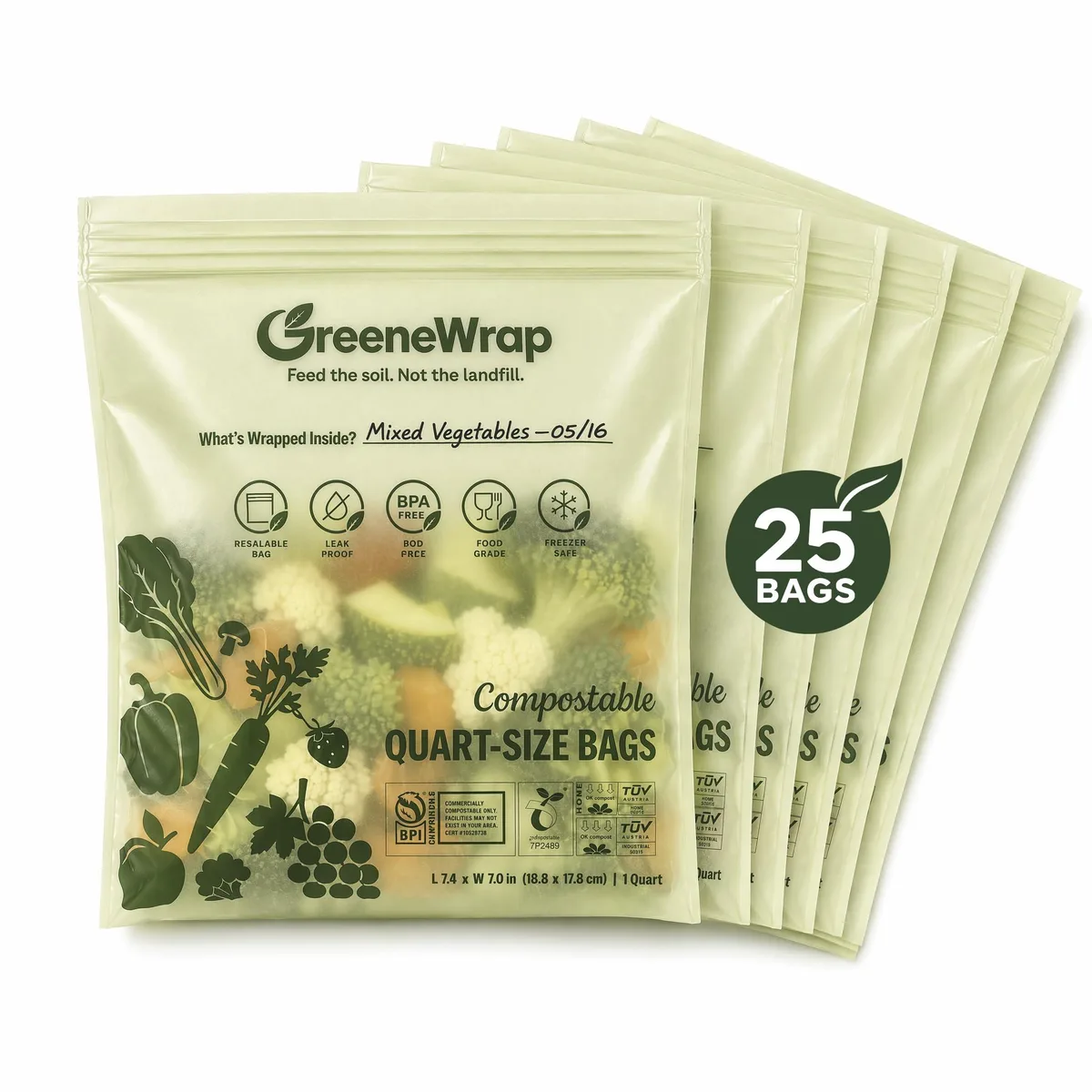 Beige compostable quart freezer bags, 25 count, 2 mil thick, resealable zipper