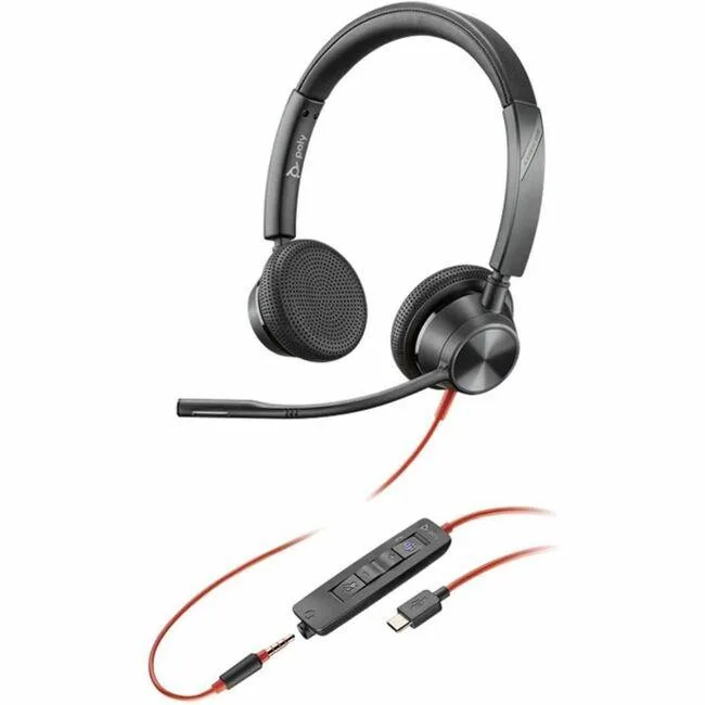Black on-ear wired headset with dual ear cups and boom microphone