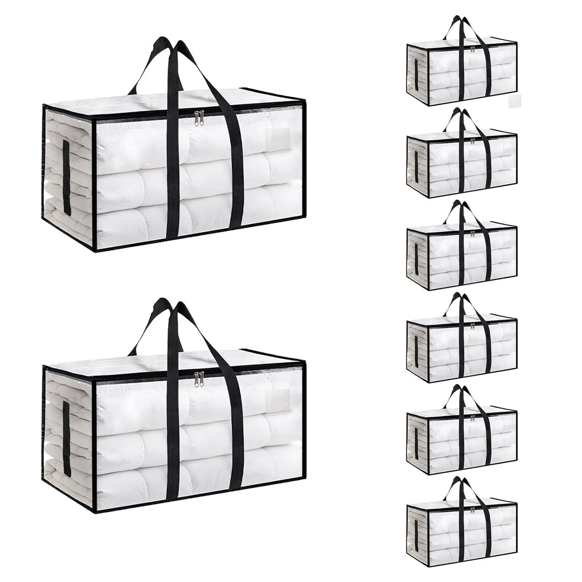 Eight clear jumbo moving bags with handles and zippers, folded flat