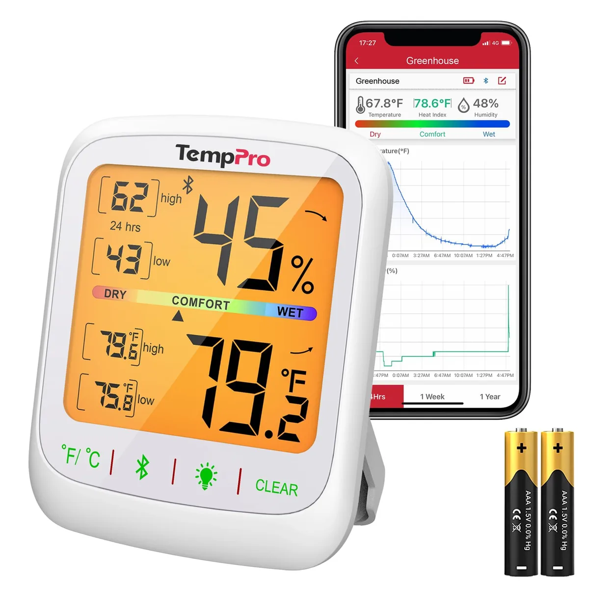 White rectangular thermometer hygrometer with 3.5 inch backlit LCD screen and Bluetooth sensor