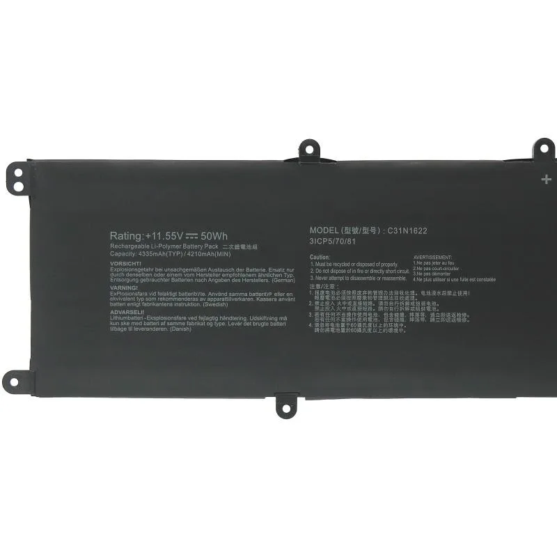 Black rectangular lithium-polymer laptop battery, model C31N1622