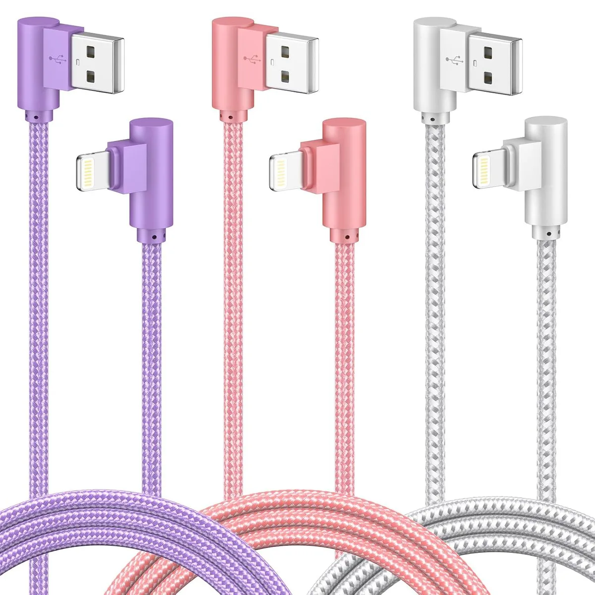 MCHOSE MCHOSE 3 Pack 10FT USB A to Lightning 90 Degree Nylon Braided Cables — product photo