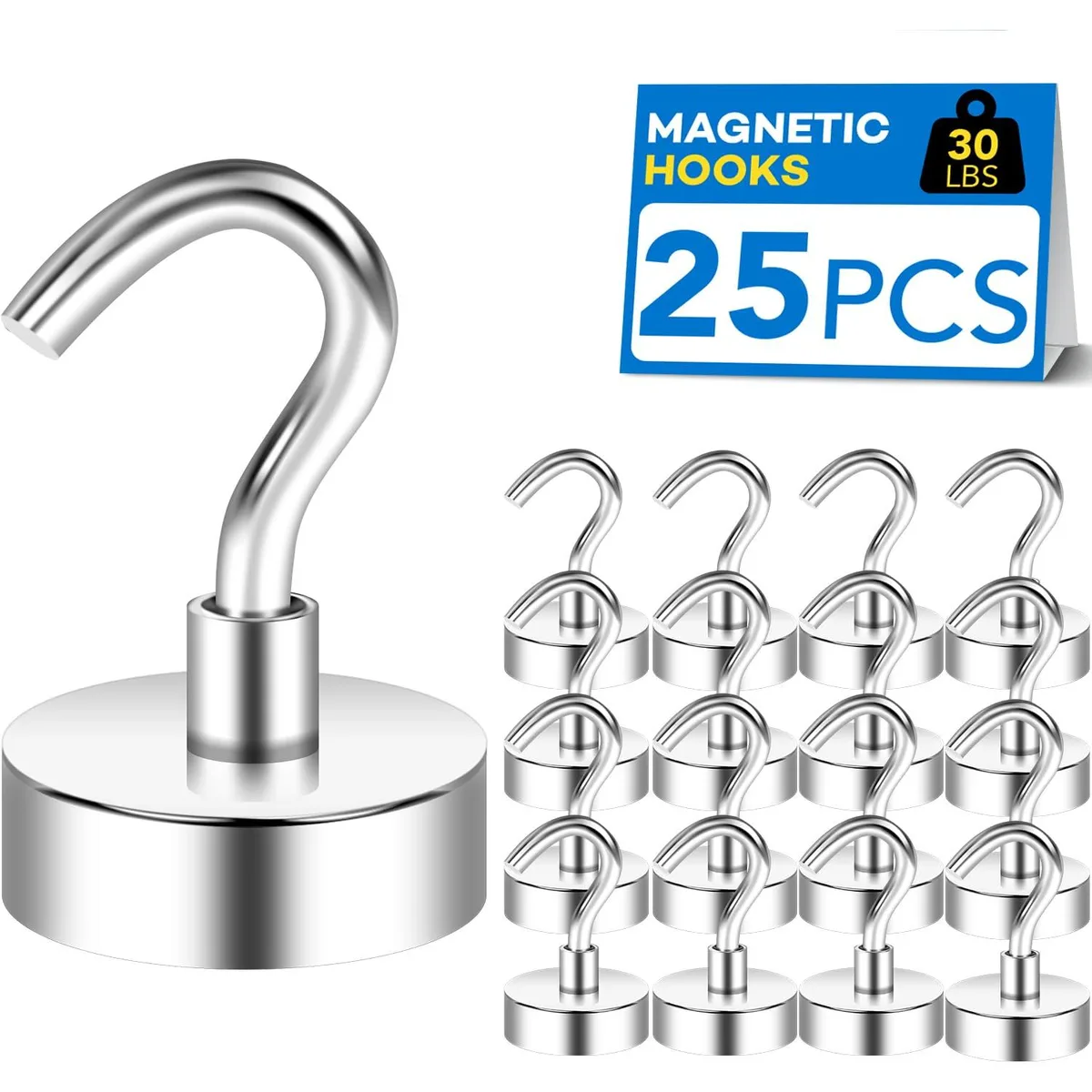 Twenty-five shiny metal magnetic hooks with curved ends in a pack
