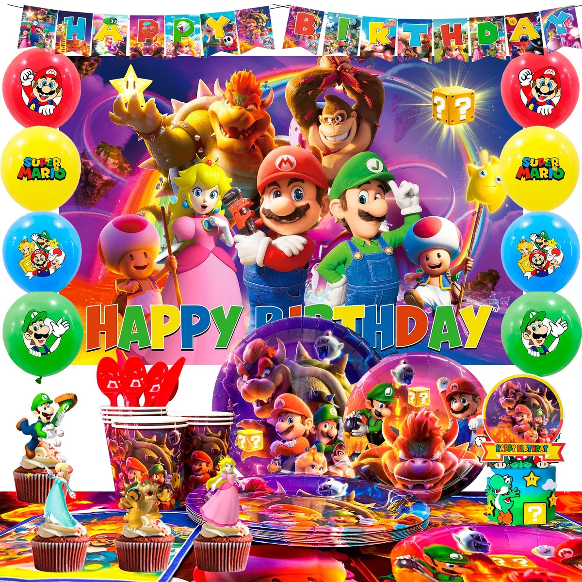 Colourful Super Mario party set with backdrop banner balloons tablecloth plates cups and toppers