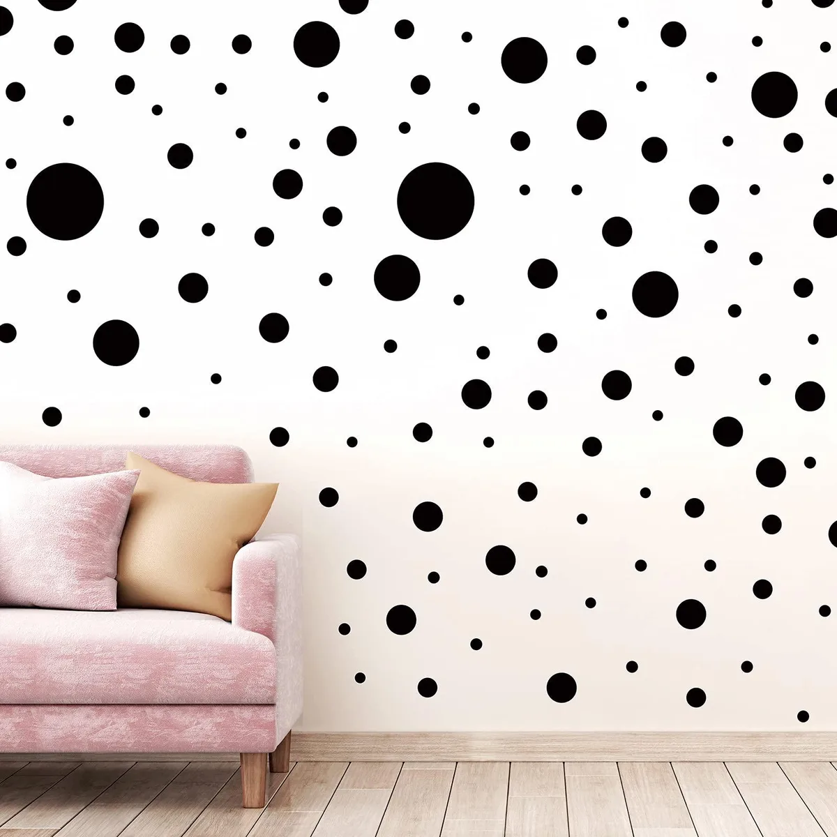 Twelve sheets of black vinyl polka dot decals, 264 pieces in assorted sizes