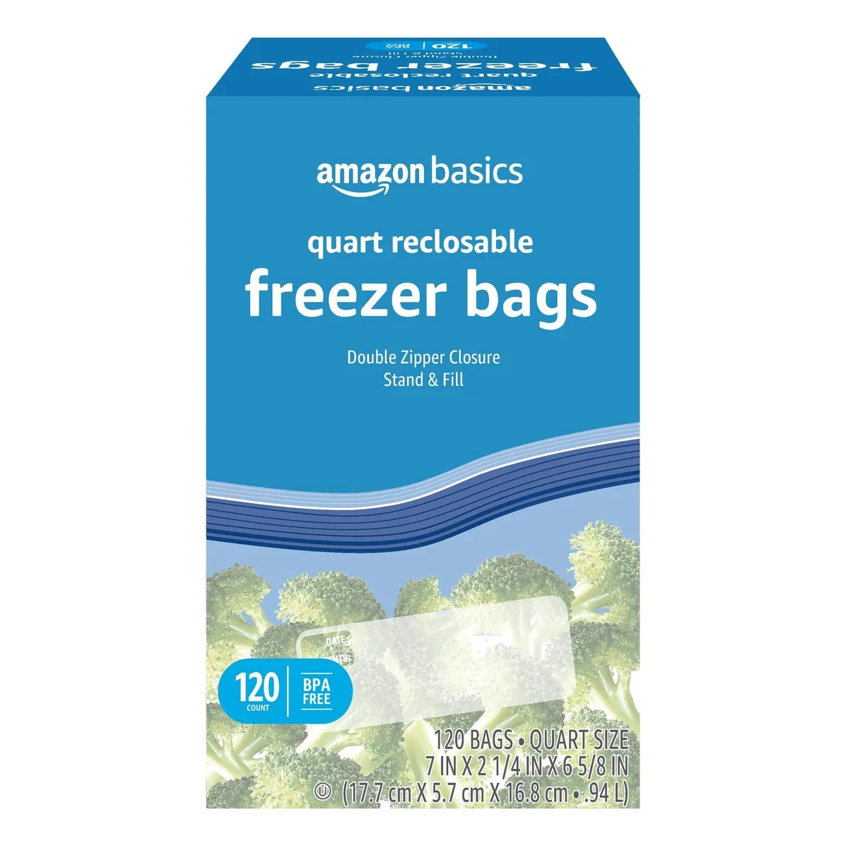 Clear plastic quart freezer bags with double zipper seal, stand-and-fill base, 120 count