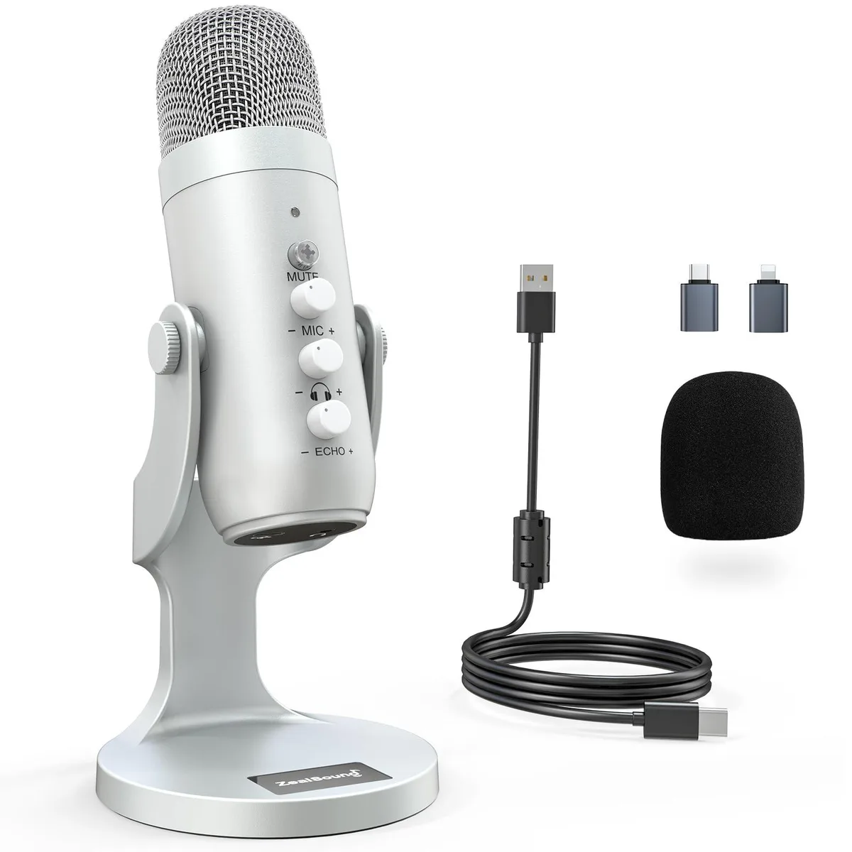 Silver cylindrical USB microphone on a round metal base with front-facing control knobs and mute button