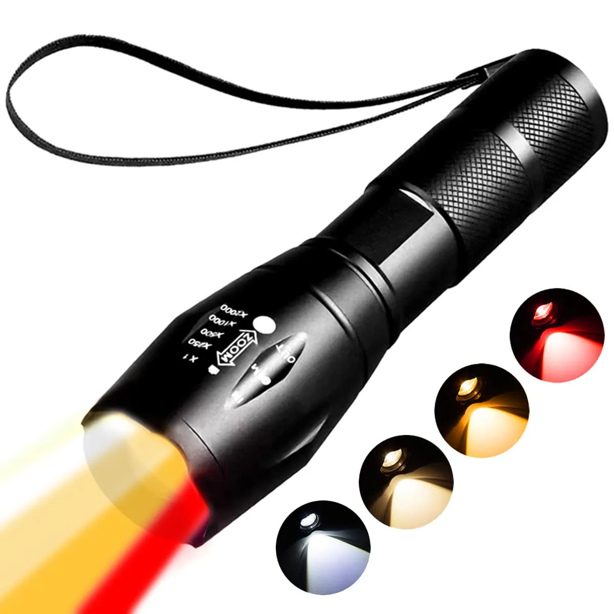 Black cylindrical aluminum flashlight with zoom head, 125 g