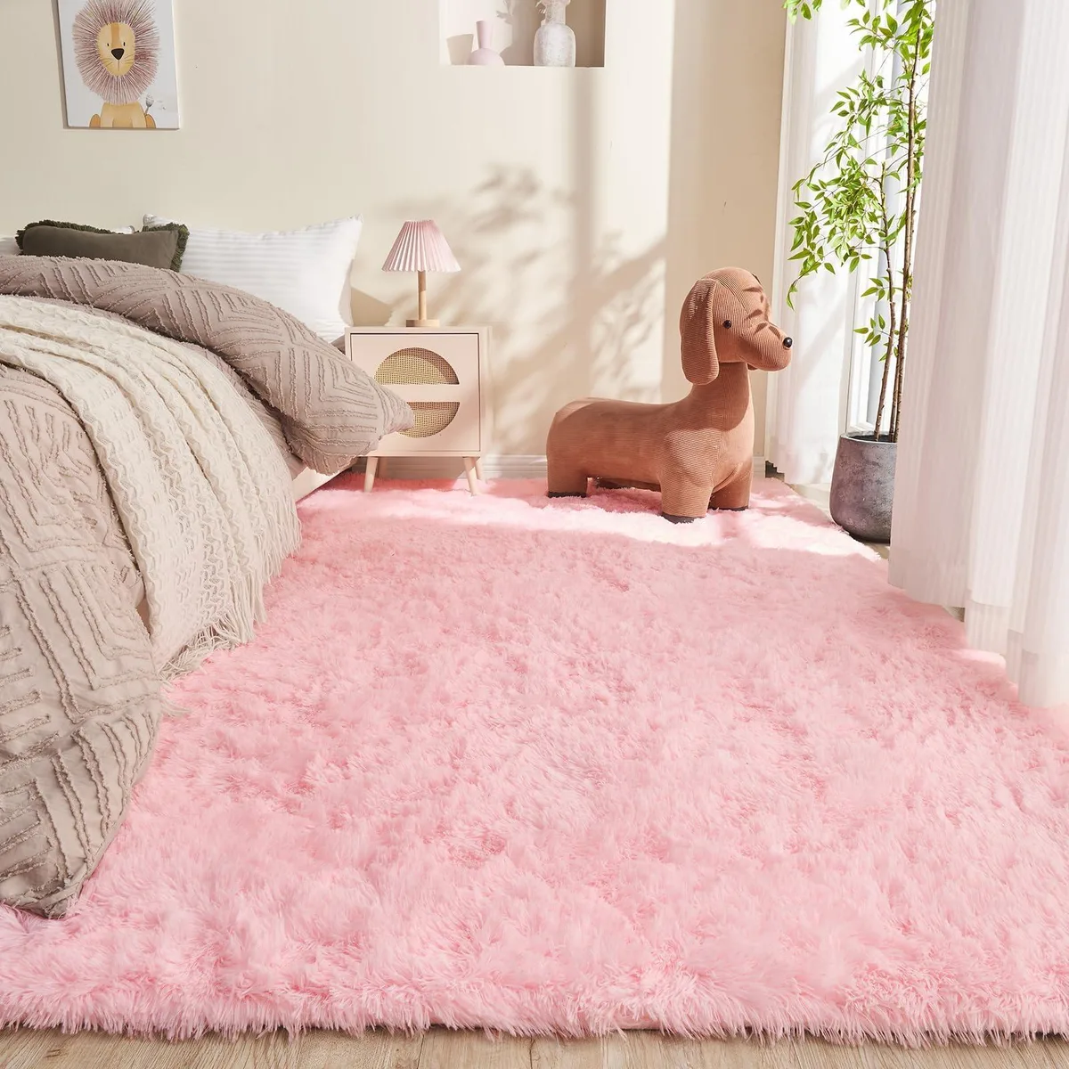 Rectangular pink shag rug with deep fluffy pile and non-slip backing